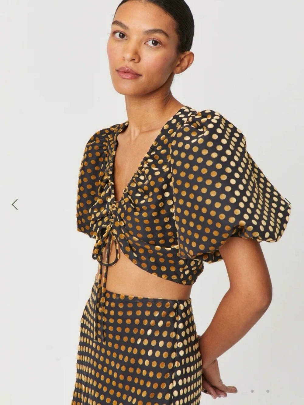 RHODE Black Crop Top with Gold Polka Dots and Puff Sleeves